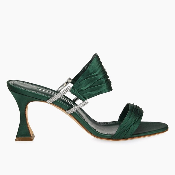 Manolo Blahnik Dark Green Gathered Satin Chinap 70mm open toe mules EU 37.5 - Picture 2 of 12